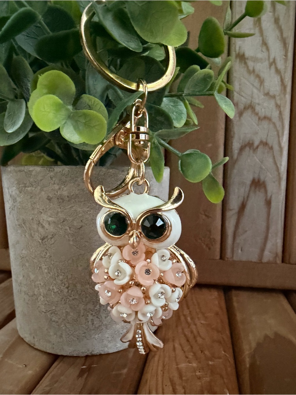 Gold Owl Keychain Bag Charm with Pink and White Flower Accents
